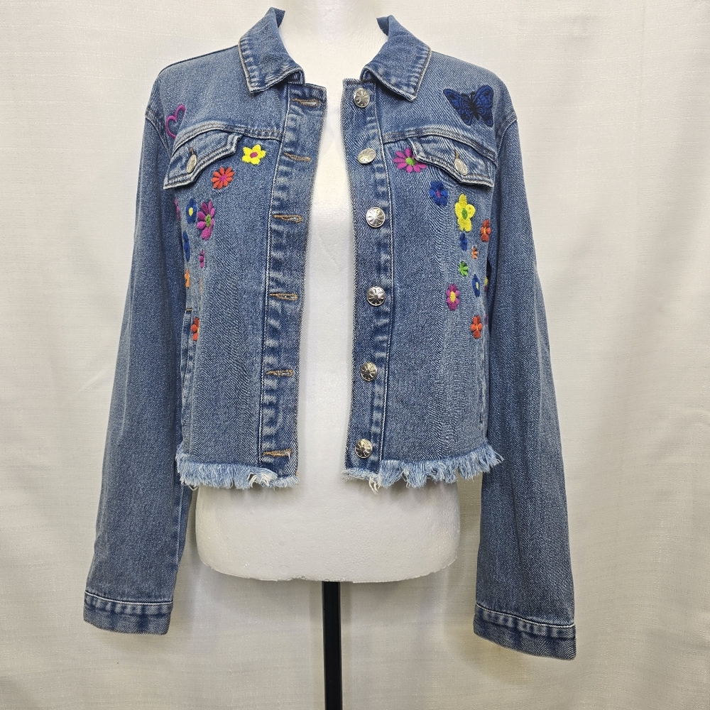 Dolls Kill Delia's Cropped Denim Jacket Flower Embroidered Size Small Colorful